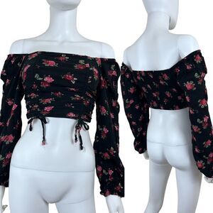 Wild Fable Size XS Festival Floral Peasant Smock Crop Balloon Sleeves Boho Top